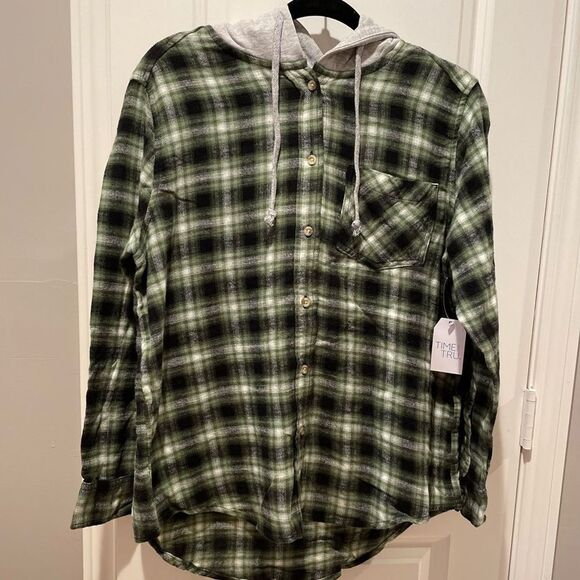 Time and Tru Womens Long Sleeve Shirt Green Hoodie Flannel Plus Size XXXL 22 NEW - Picture 2 of 7